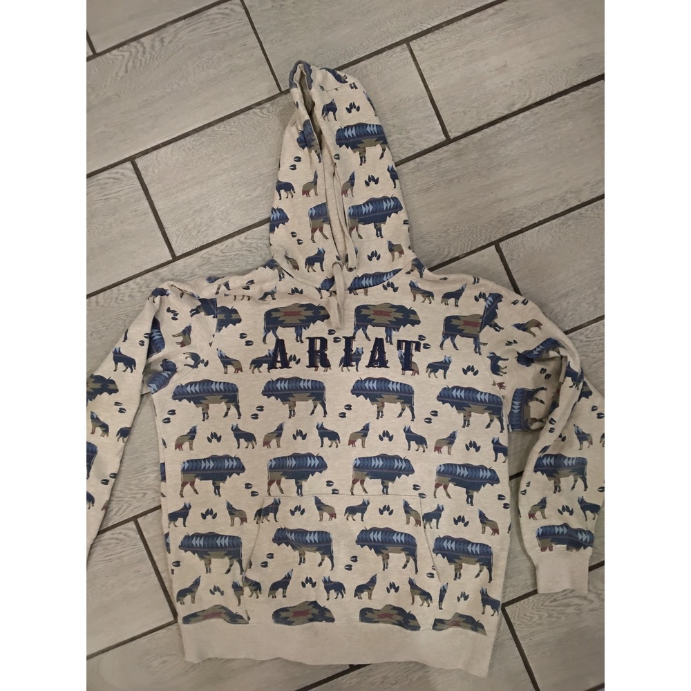 Ariat ReAL Womens XL Hoodie Southwestern Bison Wolf Print Fleece Pullover Cream - Picture 2 of 4
